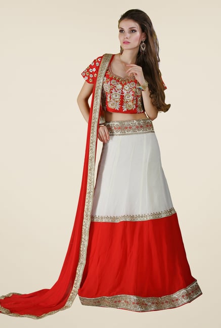 Occeanus Red & White Embroidered Net Lehenga Set Occeanus Red & White Embroidered Net Lehenga Set