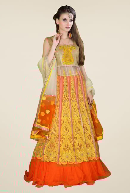 Occeanus Gold & Orange Embroidered Net Lehenga Set Occeanus Gold & Orange Embroidered Net Lehenga Set