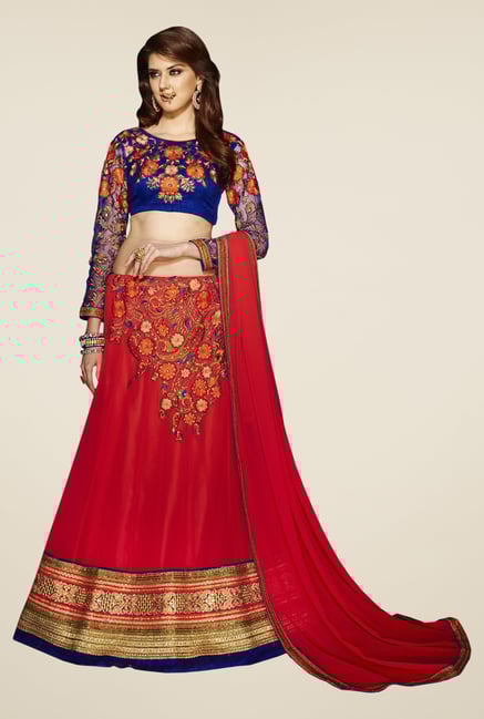 Occeanus Blue & Red Embroidered Georgette Lehenga Set Occeanus Blue & Red Embroidered Georgette Lehenga Set