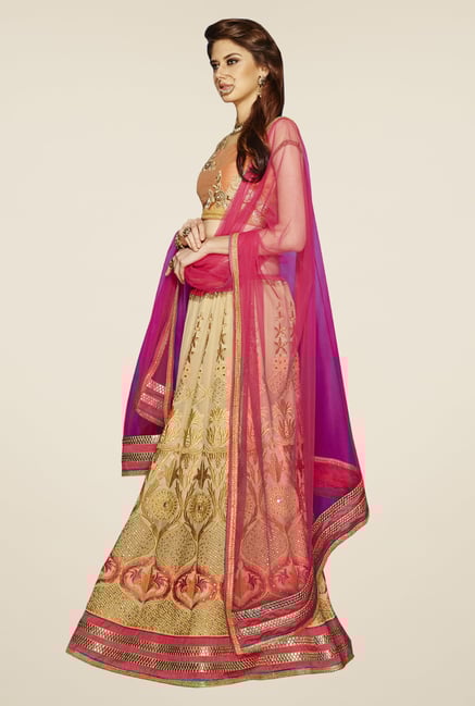 Occeanus Peach & Beige Embroidered Georgette Lehenga Set Occeanus Peach & Beige Embroidered Georgette Lehenga Set