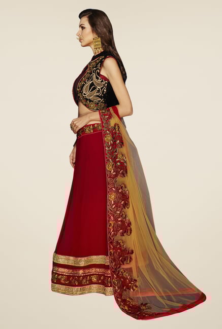 Occeanus Black & Maroon Embroidered Georgette Lehenga Set Occeanus Black & Maroon Embroidered Georgette Lehenga Set