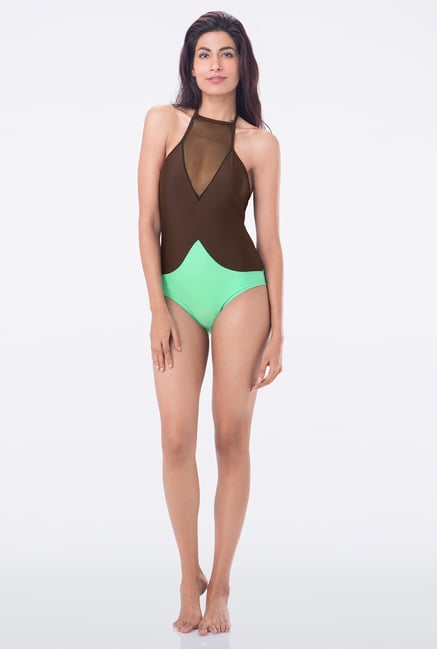 PrettySecrets Brown & Green Solid Swimsuit PrettySecrets Brown & Green Solid Swimsuit
