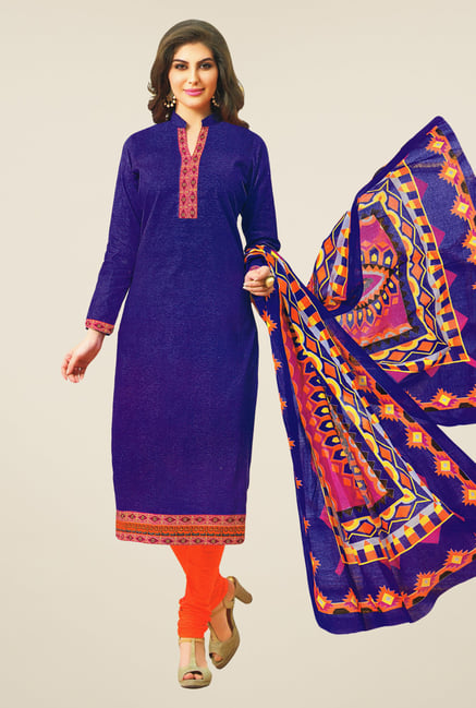 Salwar Studio Blue & Orange Printed Dress Material Salwar Studio Blue & Orange Printed Dress Material
