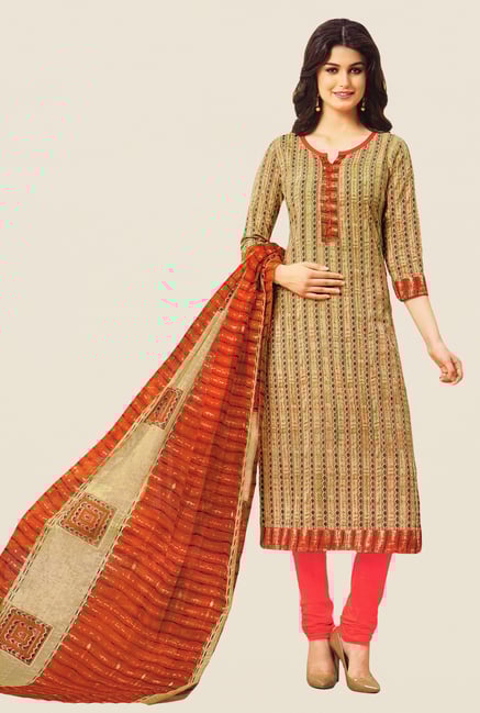 Salwar Studio Beige & Coral Printed Dress Material Salwar Studio Beige & Coral Printed Dress Material