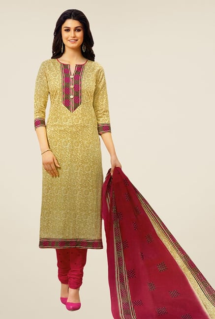 Salwar Studio Beige & Magenta Floral Print Dress Material Salwar Studio Beige & Magenta Floral Print Dress Material