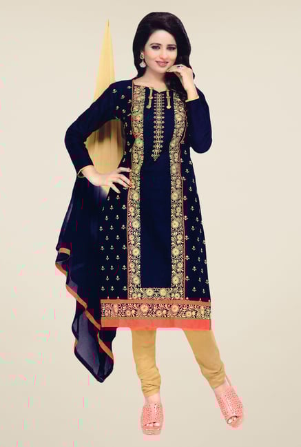 Salwar Studio Navy & Beige Embroidered Dress Material Salwar Studio Navy & Beige Embroidered Dress Material