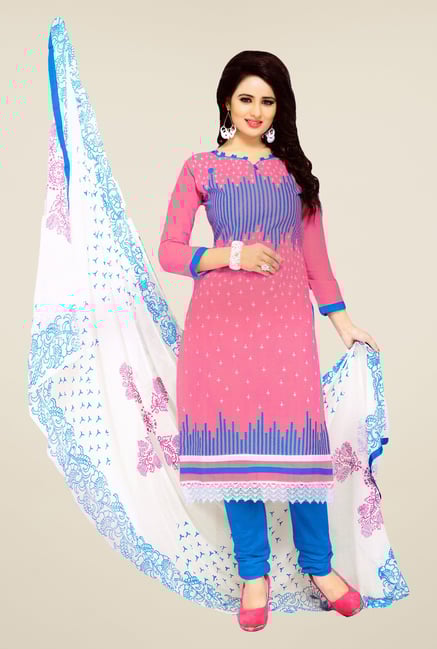 Salwar Studio Pink & Blue Embroidered Cotton Dress Material Salwar Studio Pink & Blue Embroidered Cotton Dress Material