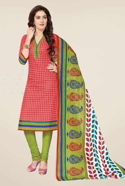 Salwar Studio Coral & Green Printed Dress Material Salwar Studio Coral & Green Printed Dress Material