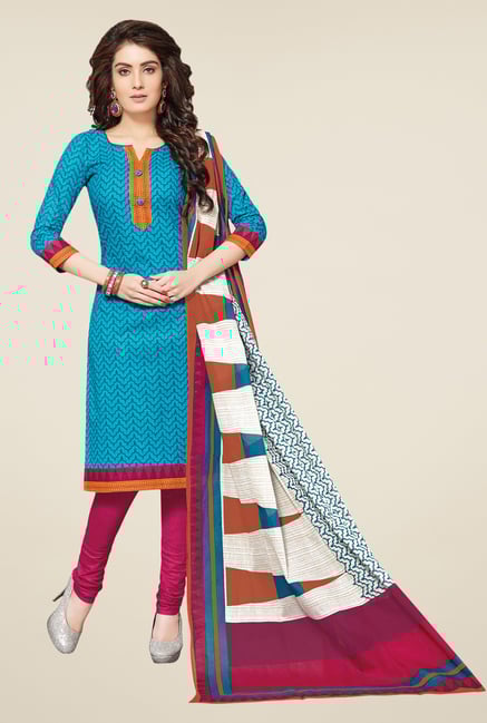 Salwar Studio Blue & Pink Printed Dress Material Salwar Studio Blue & Pink Printed Dress Material