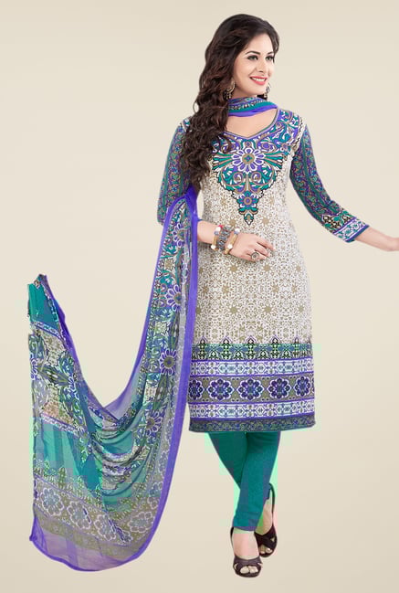 Salwar Studio Off White & Teal Printed Dress Material Salwar Studio Off White & Teal Printed Dress Material