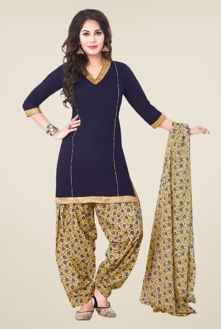 Salwar Studio Navy & Beige Solid Dress Material Salwar Studio Navy & Beige Solid Dress Material