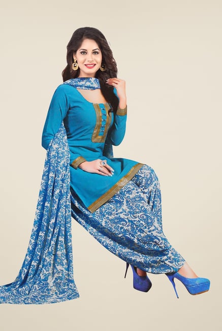 Salwar Studio Blue & Off White Solid Dress Material Salwar Studio Blue & Off White Solid Dress Material