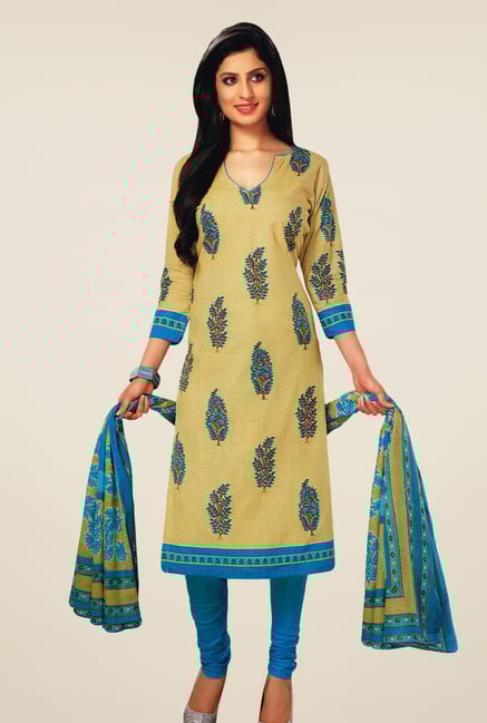 Salwar Studio Beige & Blue Floral Print Dress Material Salwar Studio Beige & Blue Floral Print Dress Material