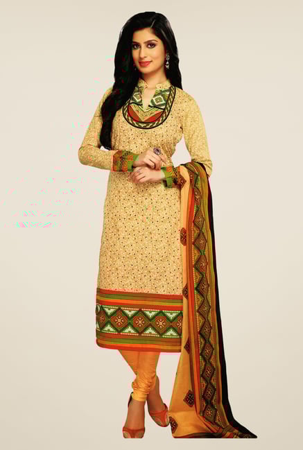 Salwar Studio Beige & Orange Printed Cotton Dress Material Salwar Studio Beige & Orange Printed Cotton Dress Material