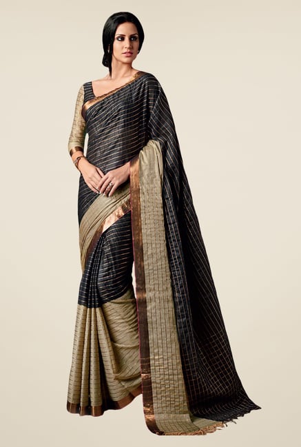 Salwar Studio Black & Beige Striped Saree Salwar Studio Black & Beige Striped Saree