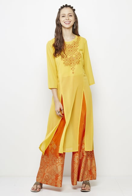 Global Desi Mustard Embroidered Suit Set Global Desi Mustard Embroidered Suit Set