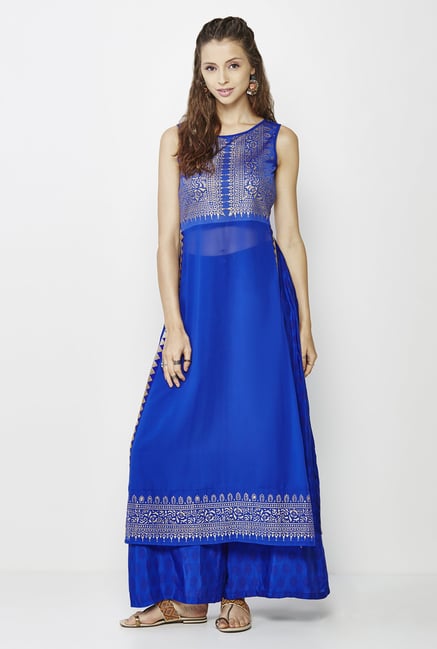Global Desi Dark Blue Printed Suit Set Global Desi Dark Blue Printed Suit Set
