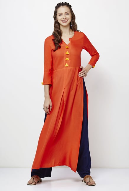 Global Desi Coral Solid Kurta Global Desi Coral Solid Kurta