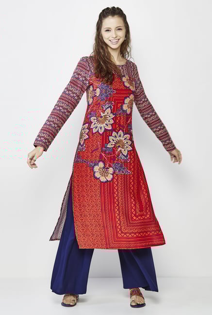 Global Desi Orange Floral Print Kurta Global Desi Orange Floral Print Kurta