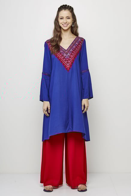 Global Desi Indigo Embroidered Kurta Global Desi Indigo Embroidered Kurta