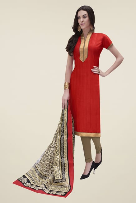 Ishin Red & Beige Printed Bhagalpuri Silk Dress Material Ishin Red & Beige Printed Bhagalpuri Silk Dress Material