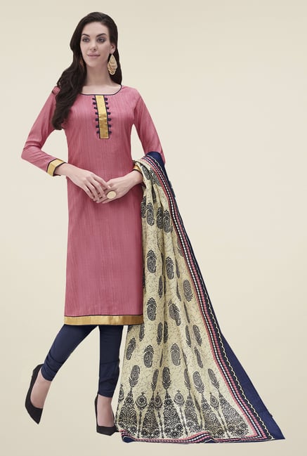 Ishin Pink & Navy Printed Bhagalpuri Silk Dress Material Ishin Pink & Navy Printed Bhagalpuri Silk Dress Material