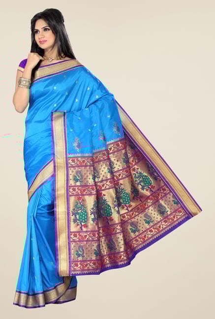 Ishin Blue Printed Paithani Tana Silk Saree Ishin Blue Printed Paithani Tana Silk Saree