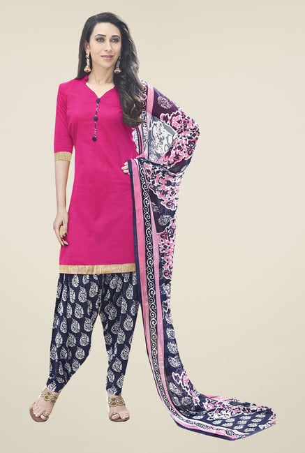 Ishin Pink & Navy Solid Cotton Dress Material Ishin Pink & Navy Solid Cotton Dress Material