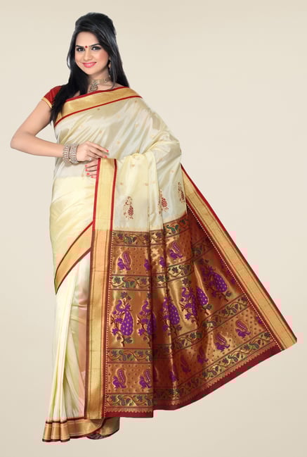 Ishin Off White & Maroon Printed Paithani Tana Silk Saree Ishin Off White & Maroon Printed Paithani Tana Silk Saree