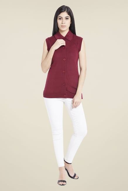 Globus Maroon Solid Classy Gilet Cardigan Globus Maroon Solid Classy Gilet Cardigan