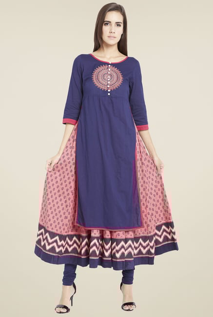 Globus Blue & Peach Embroidered Kurta Globus Blue & Peach Embroidered Kurta