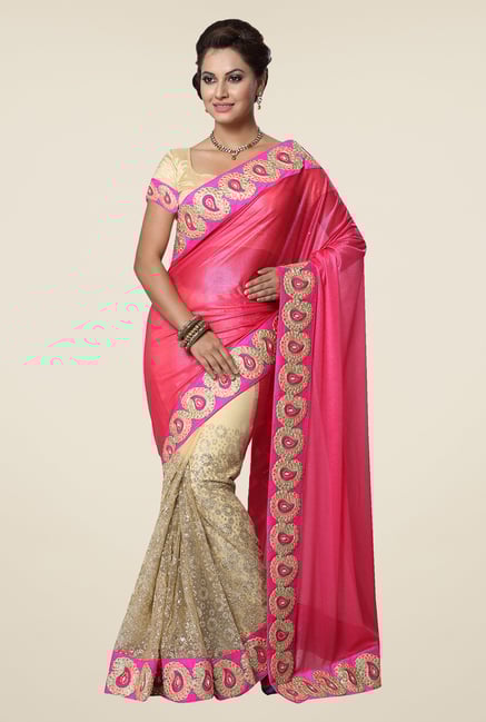 Ishin Beige & Pink Lycra Glitter Saree Ishin Beige & Pink Lycra Glitter Saree