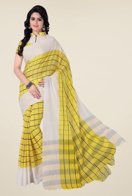 Ishin Yellow & White Checks Poly Cotton Saree Ishin Yellow & White Checks Poly Cotton Saree