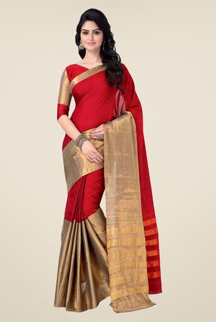 Ishin Red & Gold Poly Cotton Saree Ishin Red & Gold Poly Cotton Saree