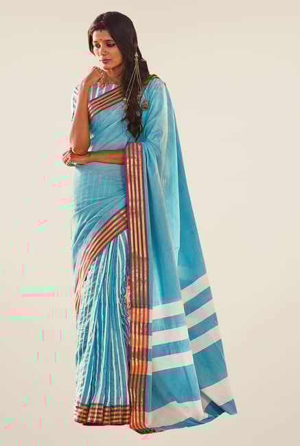 Ishin Sky Blue Striped Poly Cotton Saree Ishin Sky Blue Striped Poly Cotton Saree