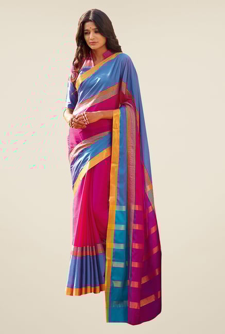 Ishin Pink & Blue Striped Poly Cotton Saree Ishin Pink & Blue Striped Poly Cotton Saree