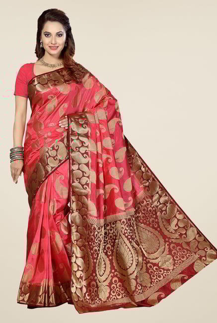 Ishin Pink & Red Paisley Print Poly Silk Saree Ishin Pink & Red Paisley Print Poly Silk Saree