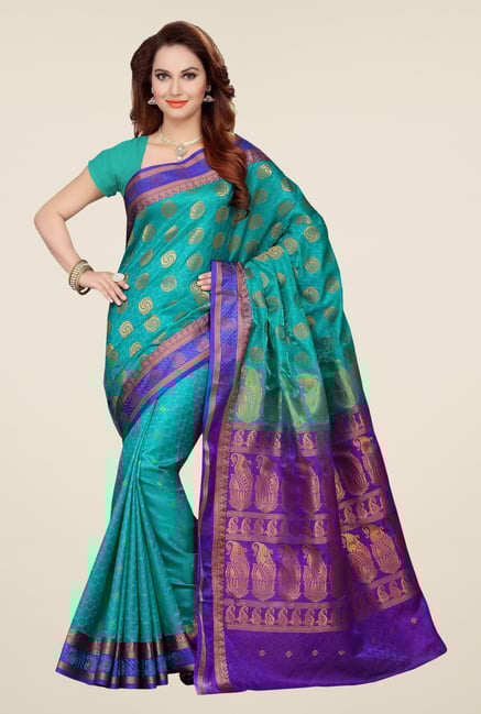 Ishin Green & Blue Printed Cotton Satin Saree Ishin Green & Blue Printed Cotton Satin Saree