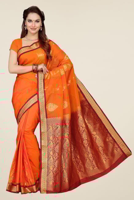 Ishin Orange & Red Printed Art Silk Saree Ishin Orange & Red Printed Art Silk Saree