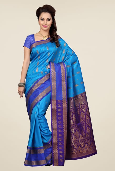 Ishin Blue & Purple Embroidered Satin Silk Saree Ishin Blue & Purple Embroidered Satin Silk Saree