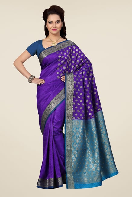 Ishin Purple & Blue Paisley Print Satin Silk Saree Ishin Purple & Blue Paisley Print Satin Silk Saree