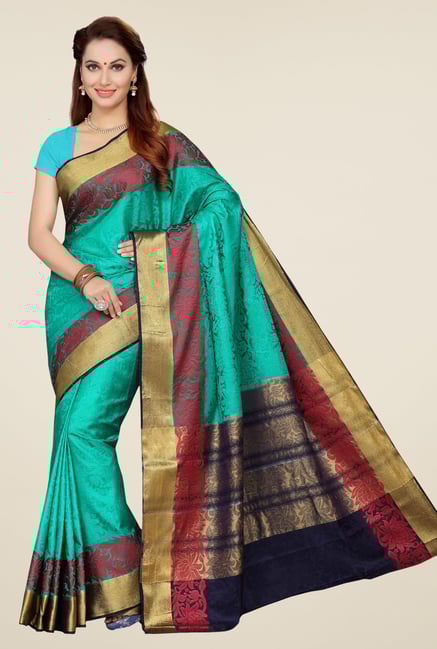 Ishin Green Floral Print Poly Silk Saree Ishin Green Floral Print Poly Silk Saree