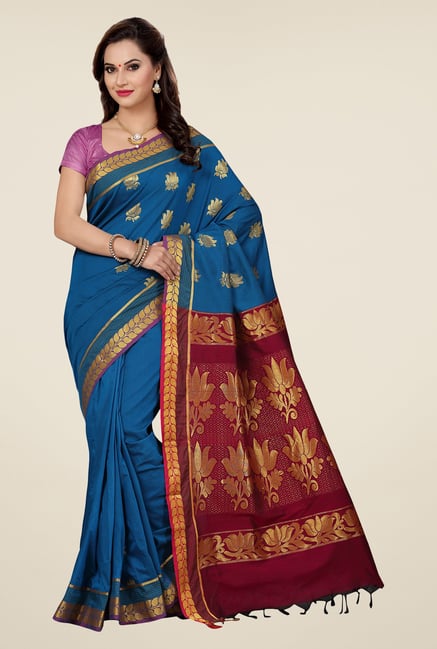 Ishin Blue & Maroon Embroidered South Silk Saree Ishin Blue & Maroon Embroidered South Silk Saree