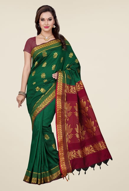 Ishin Green & Maroon Embroidered South Silk Saree Ishin Green & Maroon Embroidered South Silk Saree