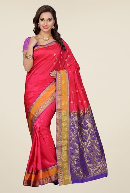 Ishin Coral & Purple Embroidered Art Silk Saree Ishin Coral & Purple Embroidered Art Silk Saree
