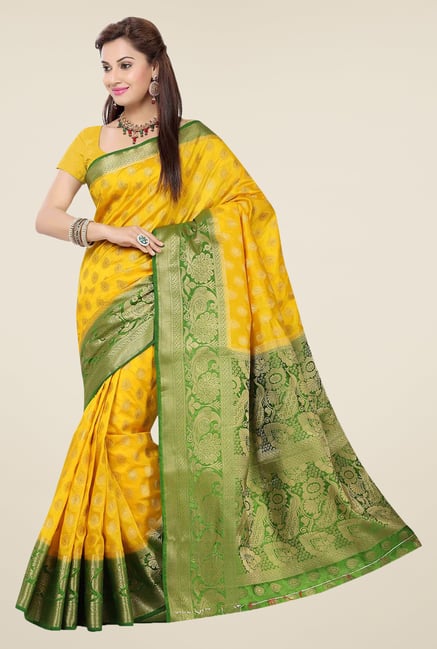 Ishin Yellow & Green Embroidered Tussar Silk Saree Ishin Yellow & Green Embroidered Tussar Silk Saree