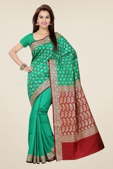 Ishin Green & Maroon Embroidered Free Size Saree Ishin Green & Maroon Embroidered Free Size Saree