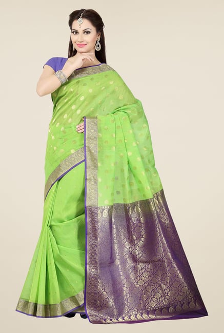 Ishin Green & Purple Embroidered Cotton Saree Ishin Green & Purple Embroidered Cotton Saree