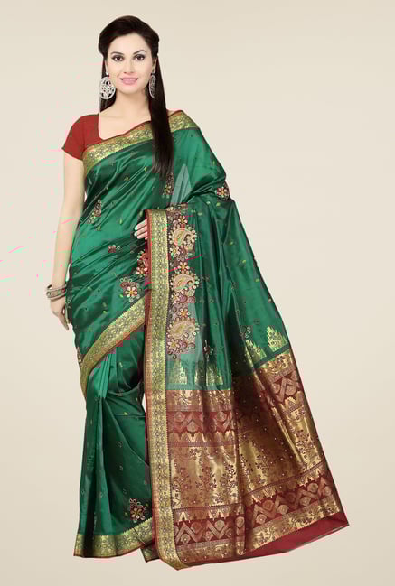 Ishin Green & Maroon Poly Silk Free Size Saree Ishin Green & Maroon Poly Silk Free Size Saree