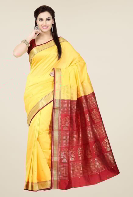 Ishin Yellow & Maroon Embroidered Poly Silk Saree Ishin Yellow & Maroon Embroidered Poly Silk Saree